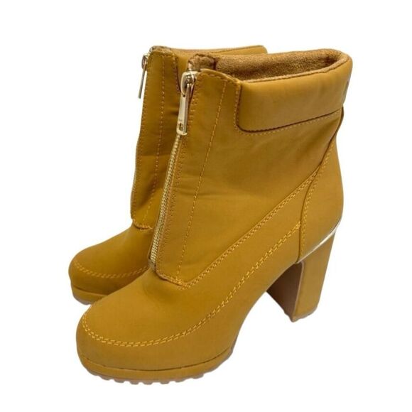 DKNY Booties Size 7.5 Gold Tone Chunky Heel Platform Sole Front Zip Boots - Picture 2 of 9